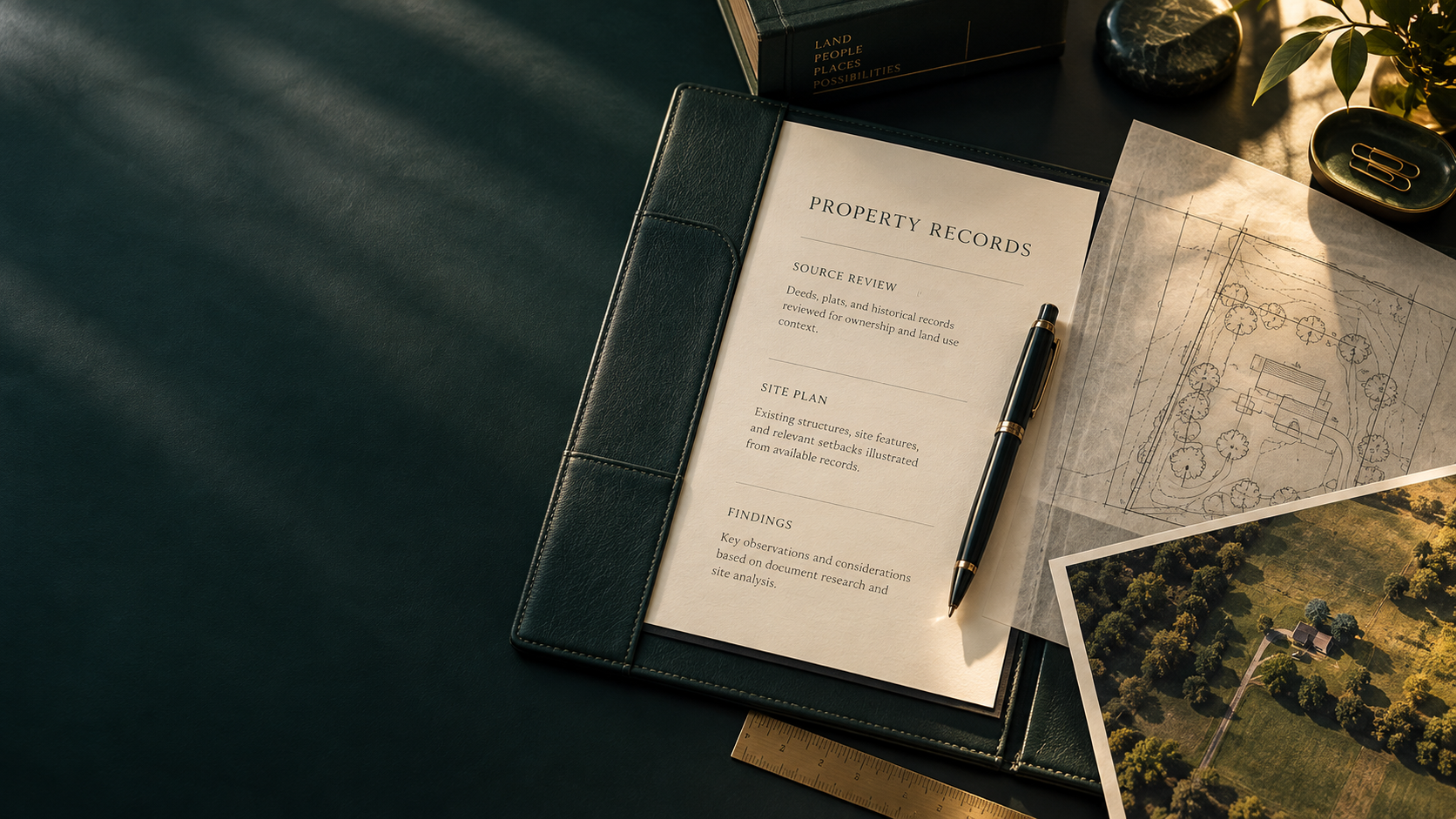 Property research folder with a site drawing and source review notes