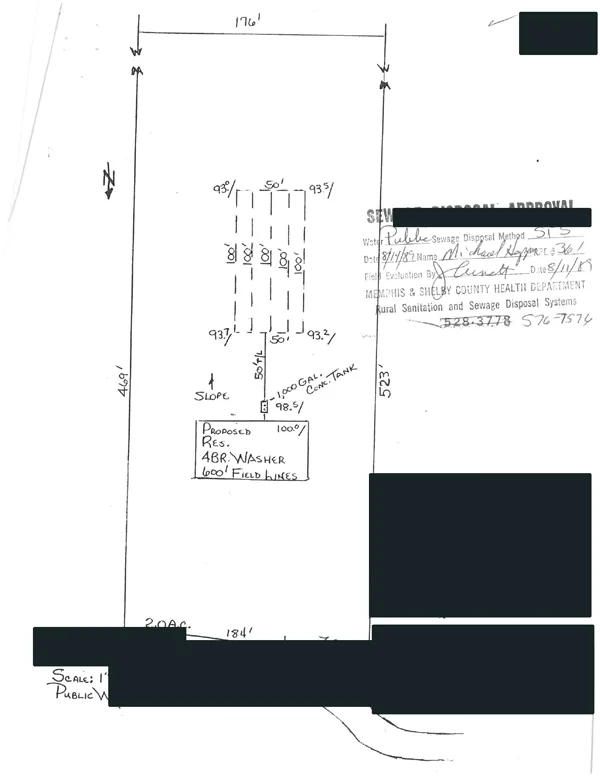 Nearly full page of an actual hand-drawn approved septic plan with identifying details redacted