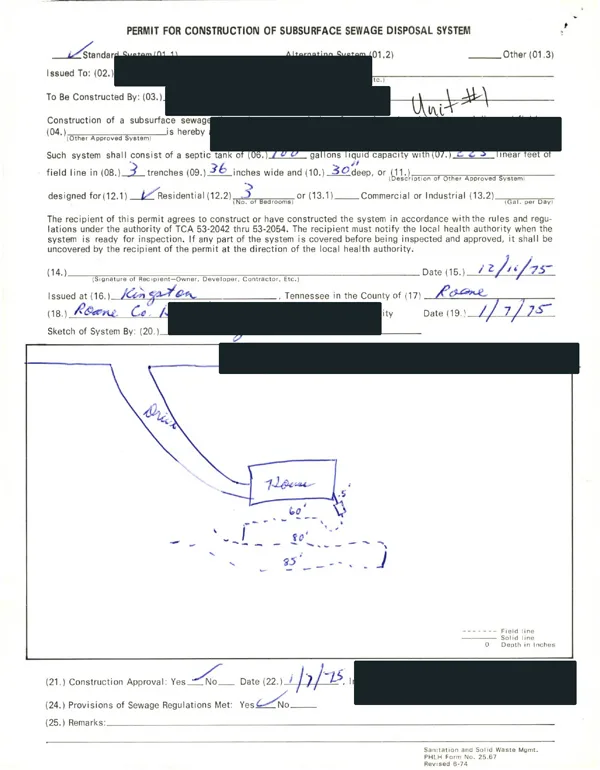 Nearly full historical state septic permit showing system specifications and a hand-drawn layout with identifying details redacted