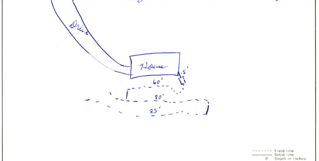 Cropped historical agency sketch showing the house, septic tank, and field lines
