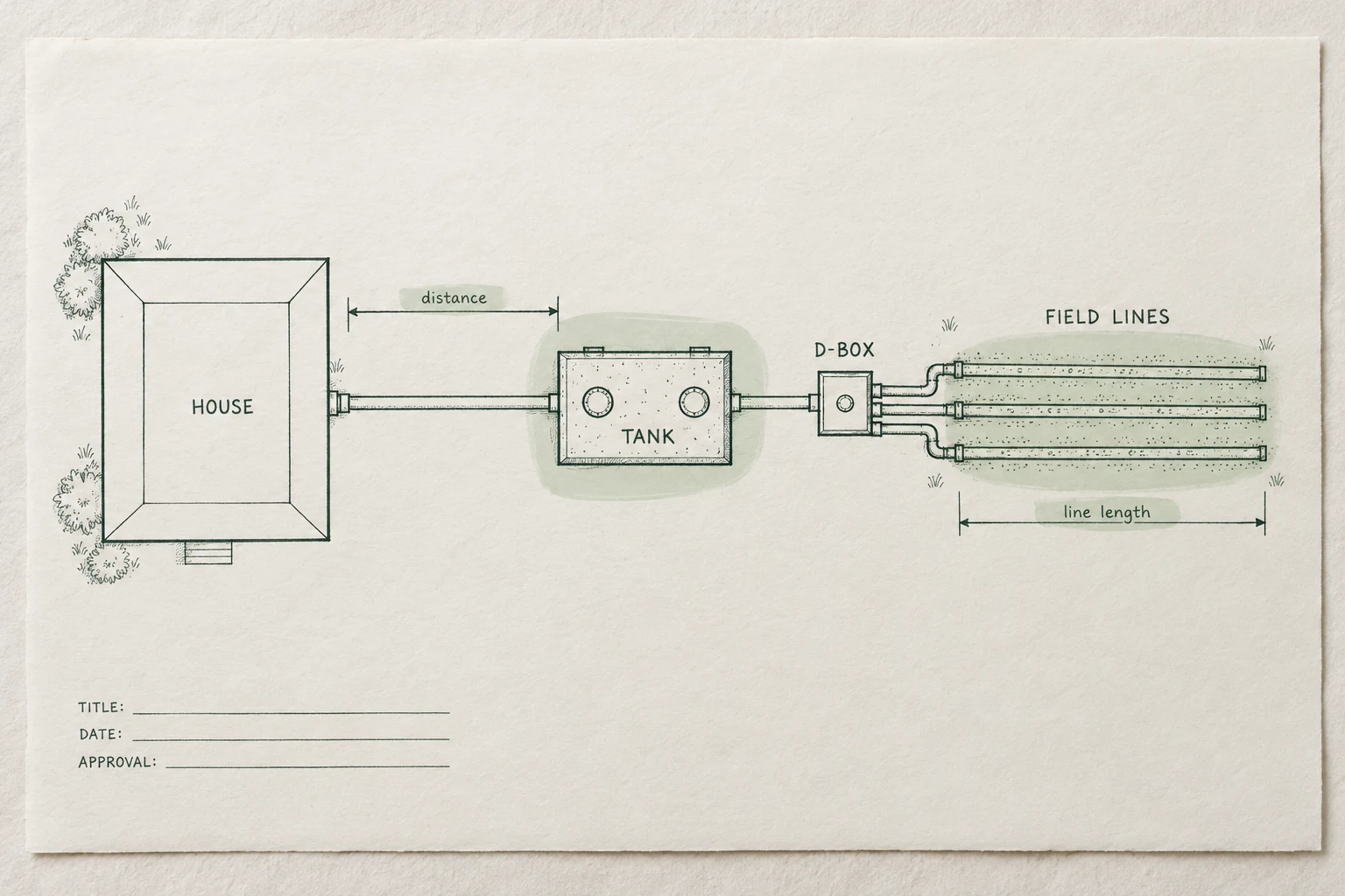 Illustrative paper drawing: a house connects to a septic tank, distribution box and three field lines. Sage highlights identify the components and distance labels; title, date and approval fields show what to check on the record. Not an actual property plan.