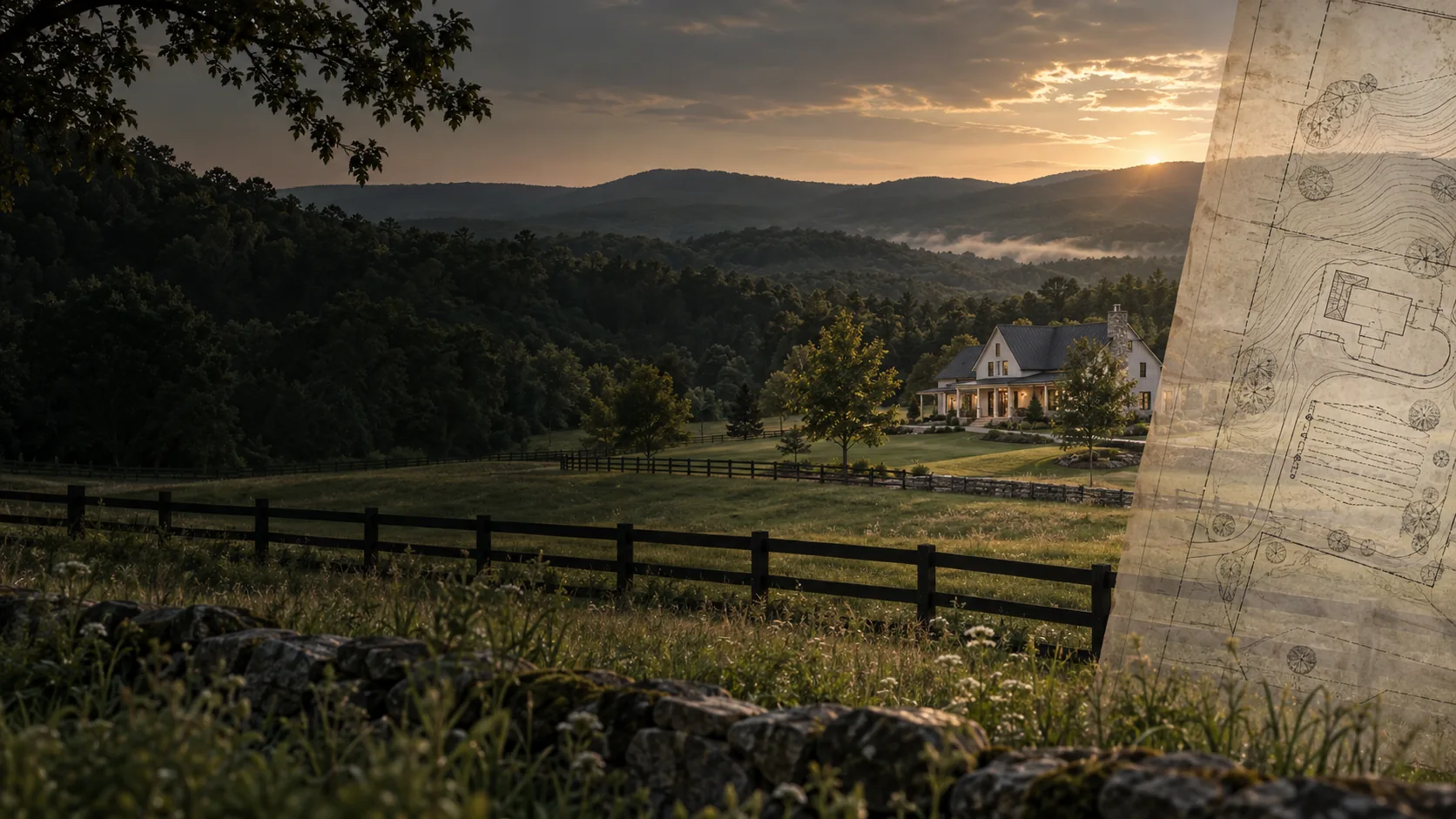 Rural property at sunset with a historical site plan