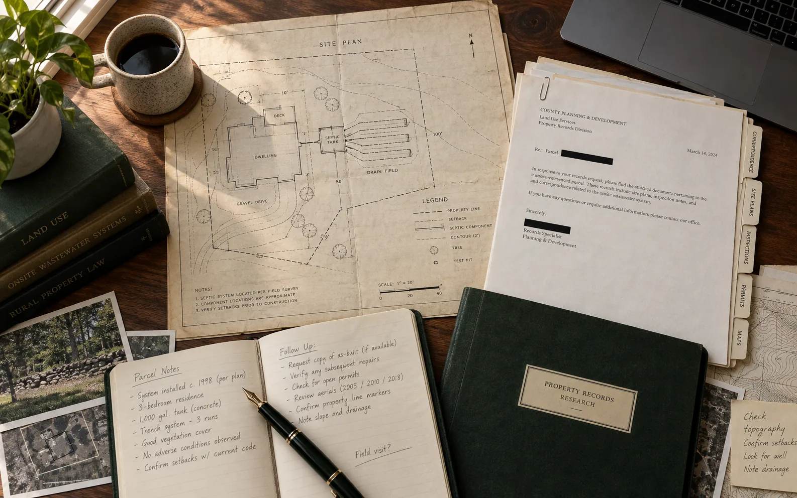 Property research desk with a site plan, agency correspondence, parcel notes, and an archival folio