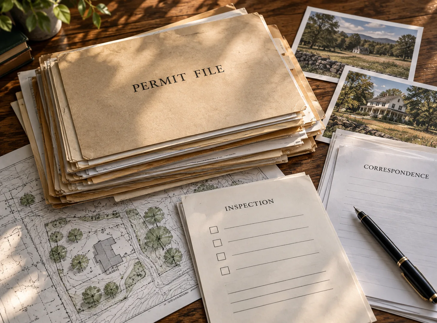 Layered property file, plans, and rural property photographs